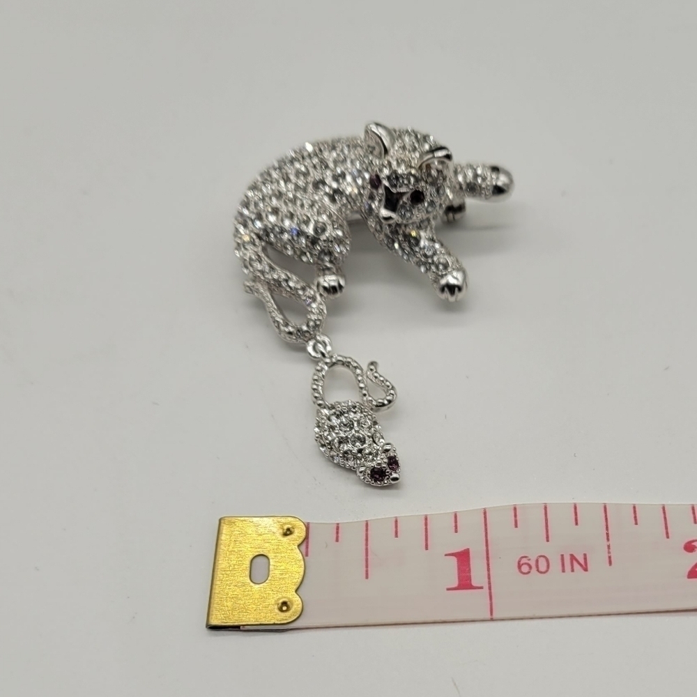 Rare Crystal Rhinestone Pave Cat and Mouse Pin/Brooch Silvertone Metal - Picture 6 of 7